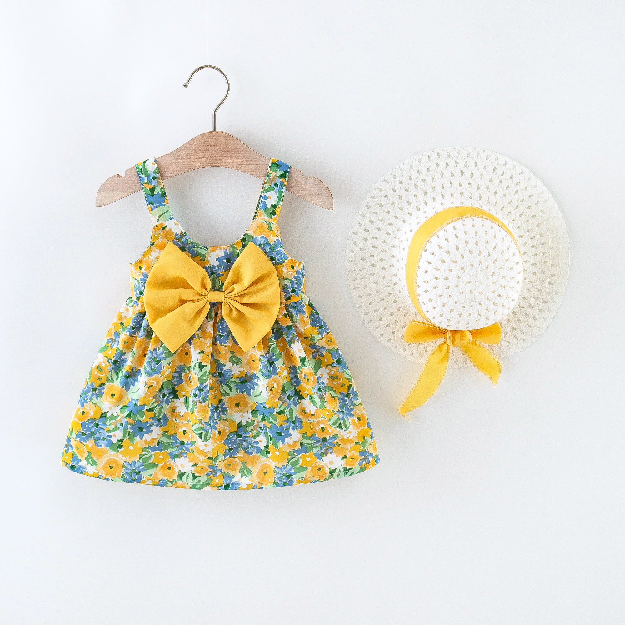 2 ピース/セット花女の赤ちゃんのドレス夏のファッション幼児子供服ビーチスムーズドレス子供の衣装帽子 0 に 3 Y