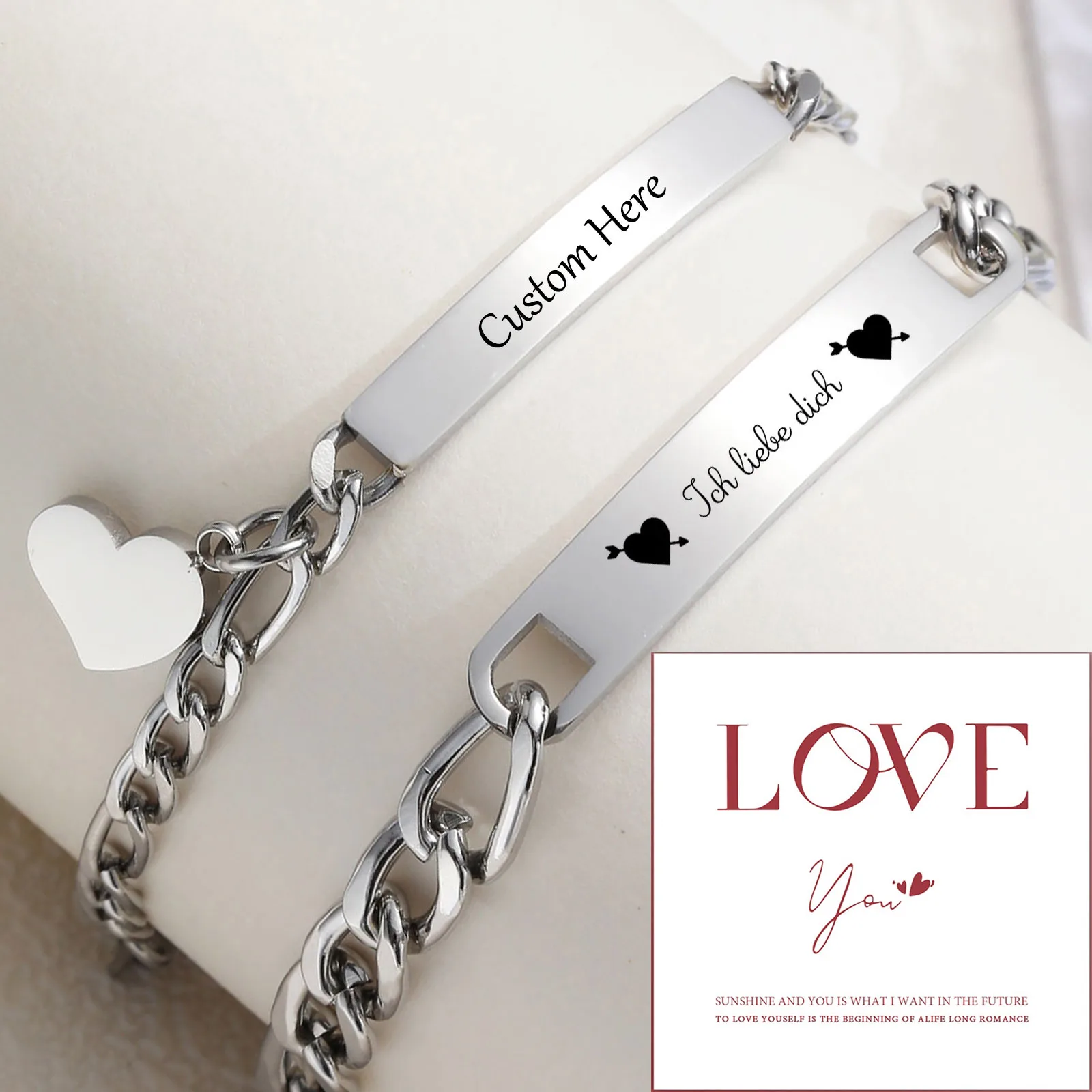 Vnox individueller Valentinstagsgeschenk-Schmuck für Paare, Liebesversprechen-Armbänder für Damen und Herren, Figaro-Kettenarmbänder mit Herzanhänger