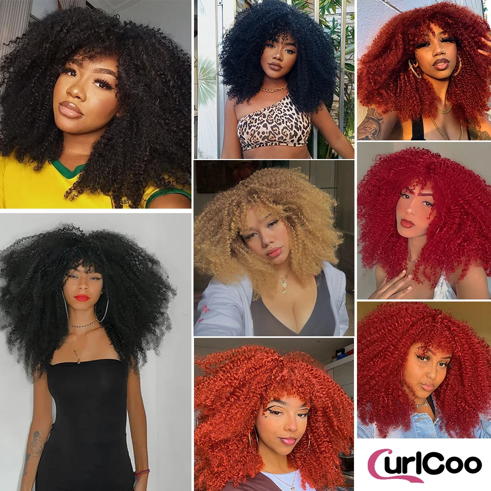 วิกผมหยิกกับ Bangs Afro Curly Wigs สําหรับผู้หญิงสีดําเส้นใยสังเคราะห์ปุยวิกผมหยิกยาวสําหรับ Daily Party คอสเพลย์