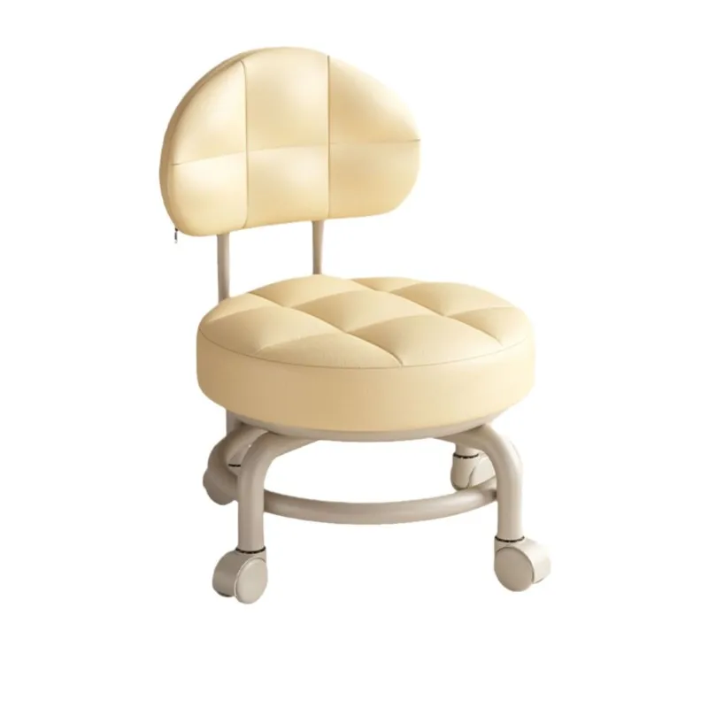 X&D Exquisite Saddle Leather Small Stool Movable And Rotatable Home Shoe Changing Stool With Backrest Living Room Pulley Stool