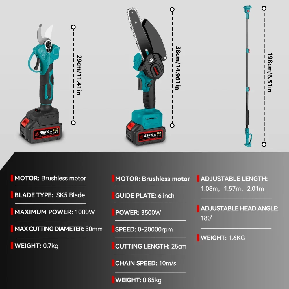 ONEVAN 3 IN 1 Brushless Telescoping Pole Electric Chainsaw 3500W High Branch Scissor Gardening Power Tool For 21V 18V Battery