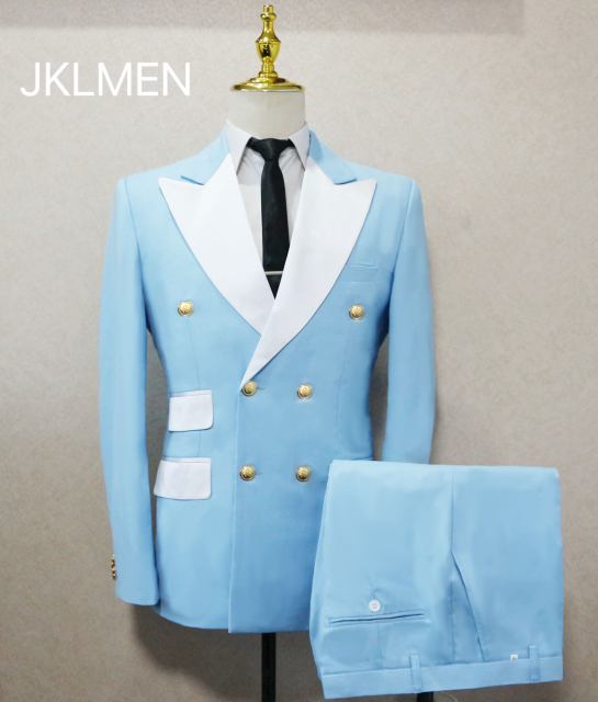 ชุดทักซิโด้กระดุมสองแถวสำหรับเจ้าบ่าวงานแต่งงานกางเกง jaket smoking สีฟ้าอ่อน