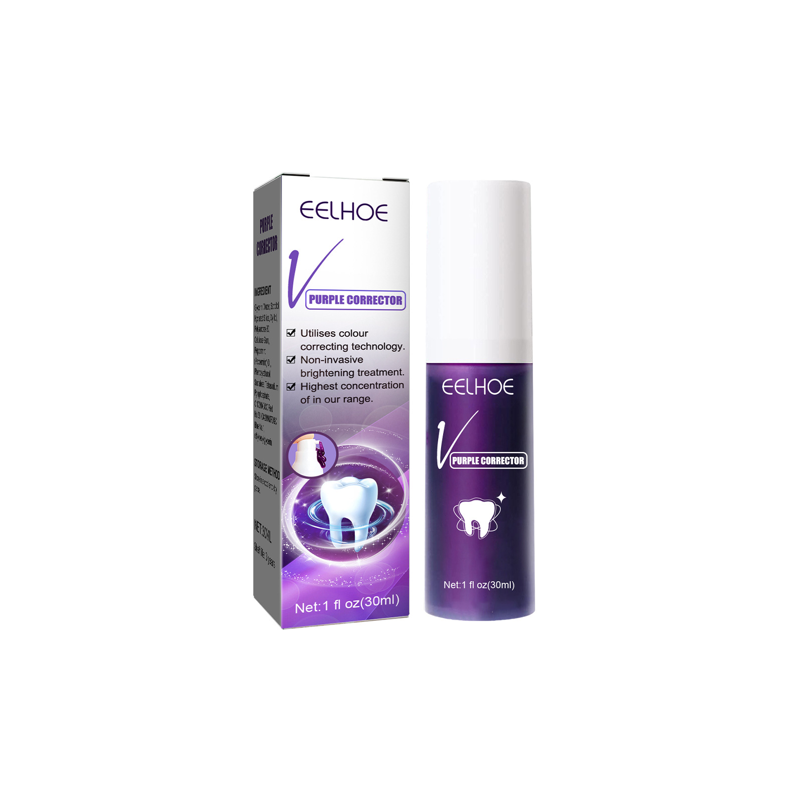 EELHOE-pasta de dientes blanqueadora, elimina las manchas de los dientes, Reduce el color amarillo, olor, aliento fresco Oral, cuidado de brillo, pasta de dientes púrpura