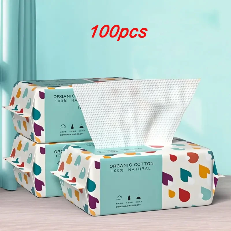 Toalla facial desechable gruesa, 1 bolsa, 100 algodón, tela suave, limpieza de viaje, desmaquillante húmedo seco, algodón perlado, reutilizable