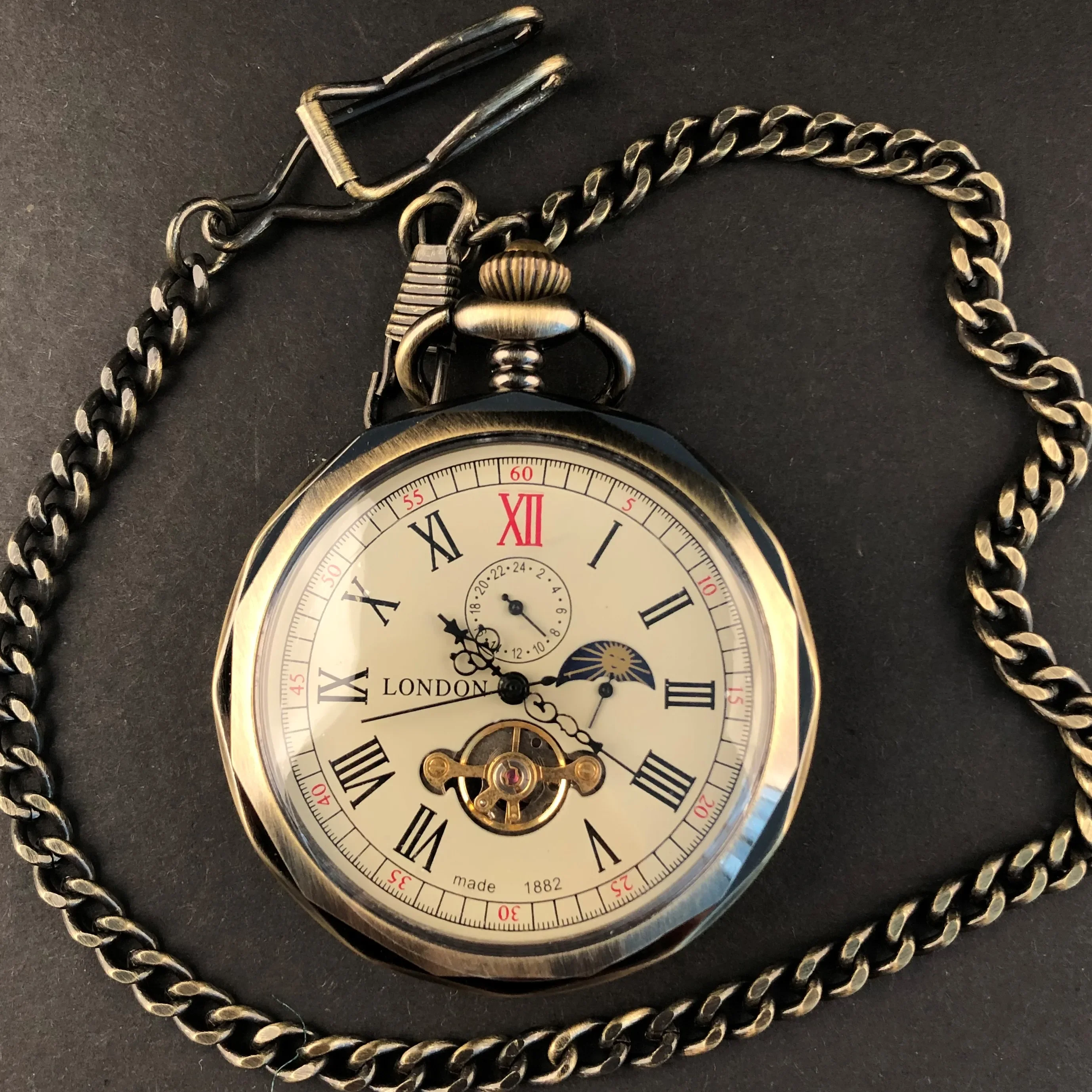 Reloj de bolsillo mecánico Vintage de lujo, relojes Fob de cadena informales Unisex con cuerda a mano y Luna multifuncional