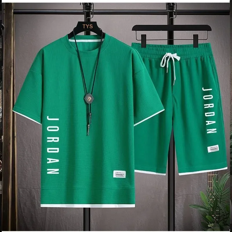 Conjunto de gofres de verano para hombre, camiseta informal de moda de marca + pantalones cortos, conjunto deportivo holgado, cómodo, para correr rápido, 2024