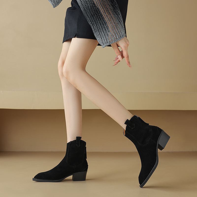 Botas occidentales de gamuza de vaca para mujer, botines Retro de tacón medio con cremallera trasera y punta estrecha, color negro, marrón y caqui, para Otoño e Invierno