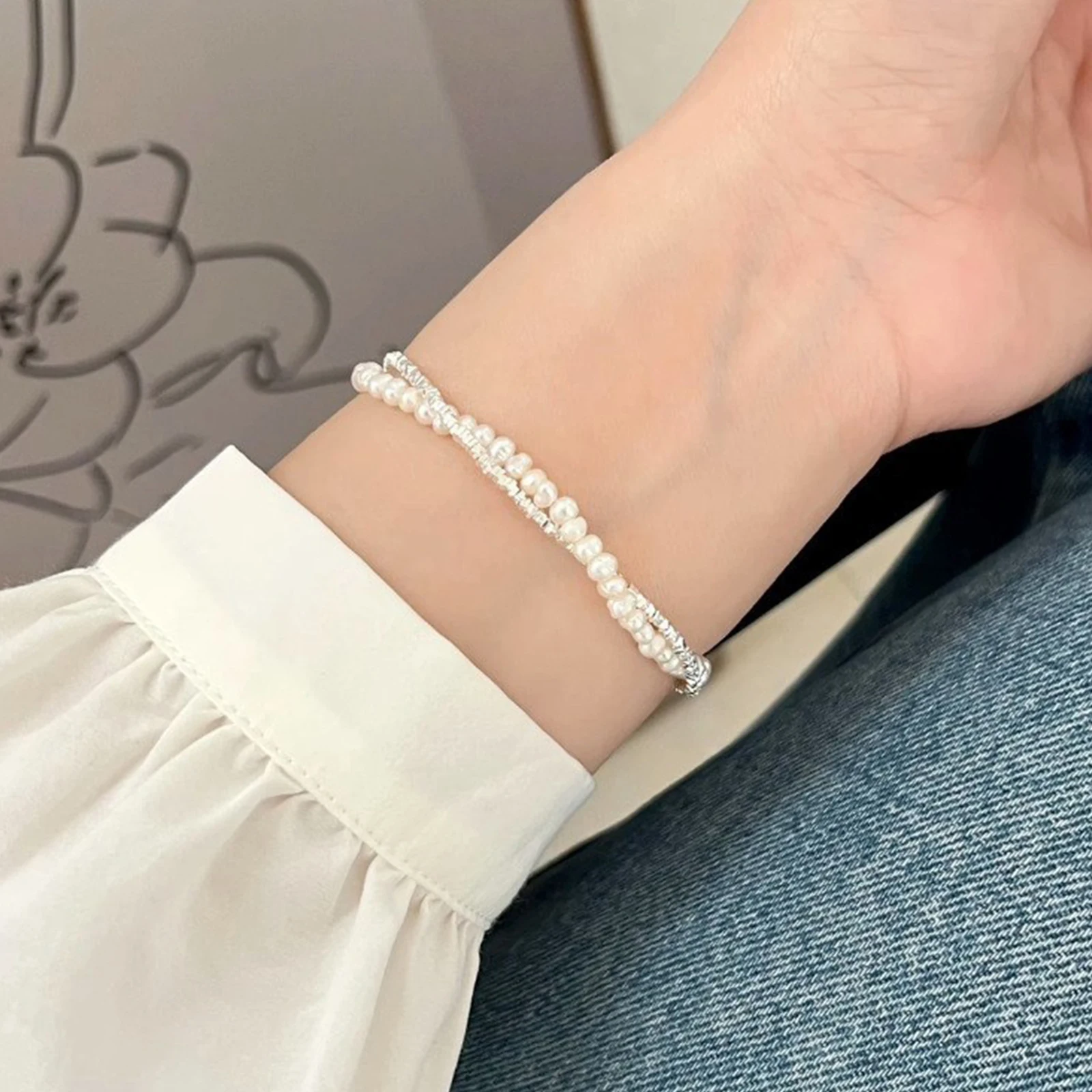 Pulseira de pérola de camada dupla de prata 925 para mulheres e meninas com design de joias de contas