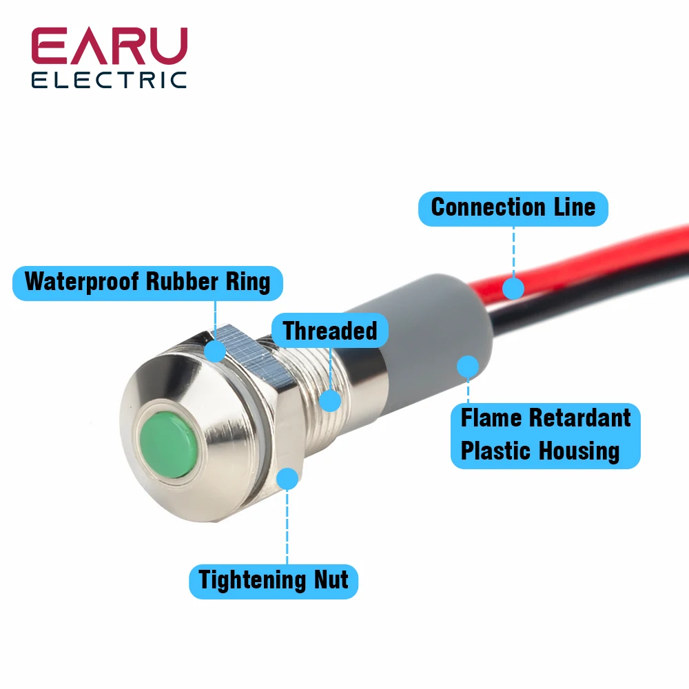 1PC IP65 6mm LED Waterproof Metal Indicator Light Signal Lamp With Wire 5V 12V 24V 220V Red/Yellow/Blue/Green/White Metal Button