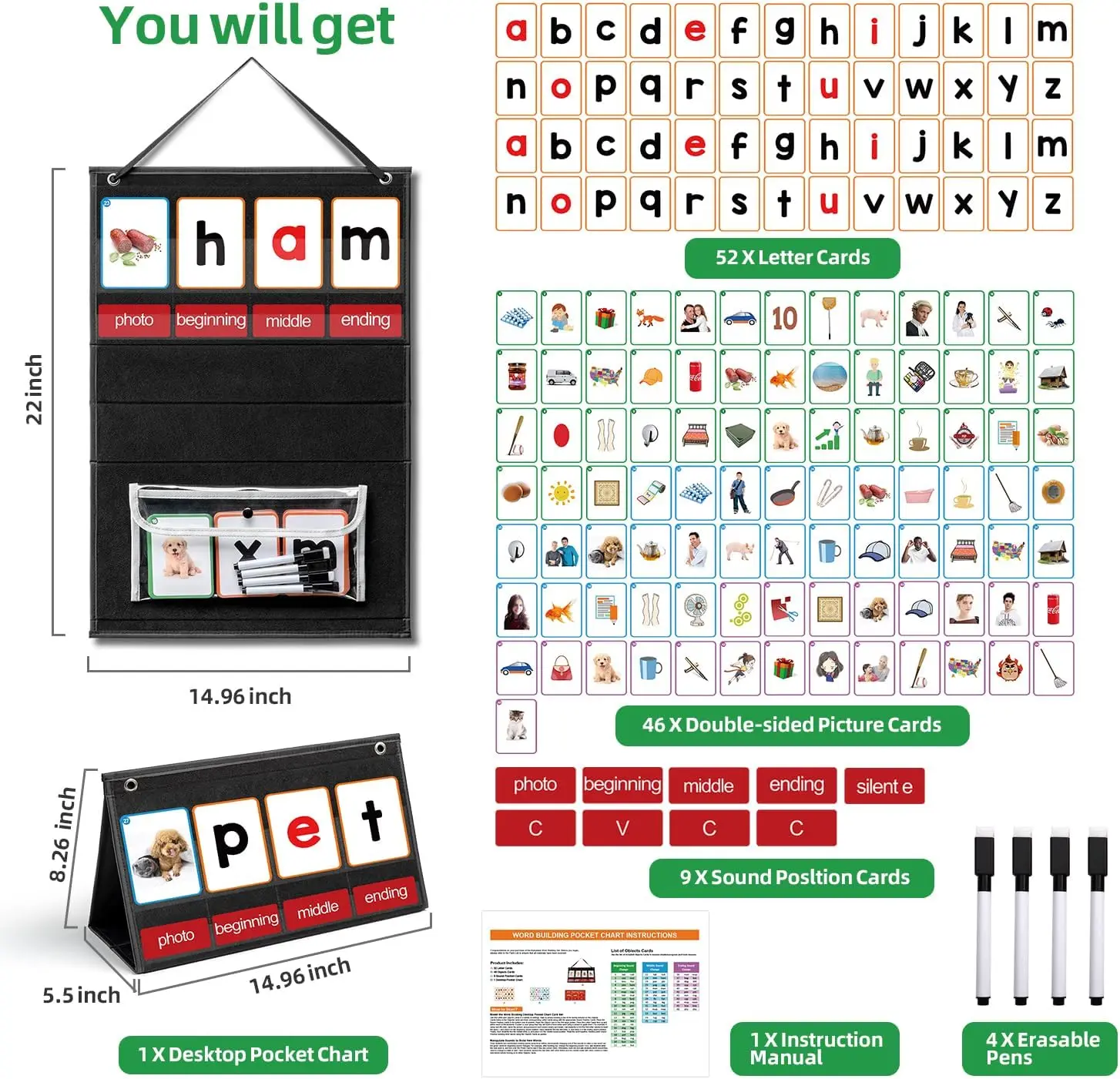 CVC Word Building Pocket Chart with 107 Flash Cards for Kindergarten Classroom CVCC Phonics Games Desktop Organization Essential