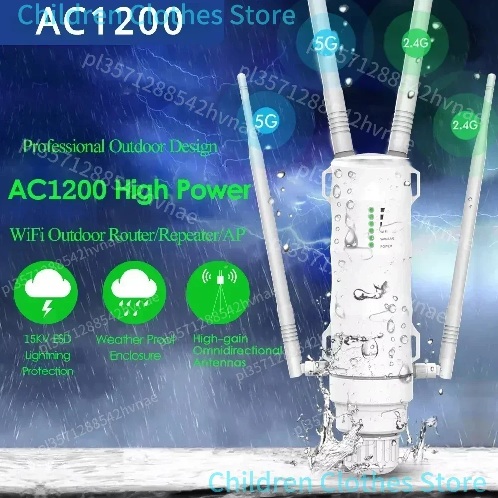 2025 High Power AC1200 Wasserdichter drahtloser WLAN-Repeater für den Außenbereich, AP/WLAN-Router, Dual-Dand-5G-Long-Range-Extender-Antenne