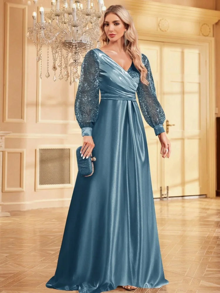 Lucyinlove หรูหราสีฟ้า V คอเลื่อมชุดราตรี 2024 Elegant ผู้หญิง Maxi ชุดแขนยาวค็อกเทลชุดชุดราตรี