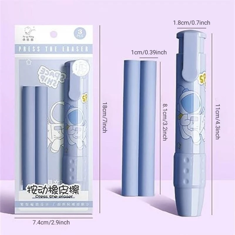 Pen Type Eraser Set Replaceable Core, Cute Cartoon Pencil Erasers for Kids, Retractable Eraser Pencil Rubber Soft Refill Core