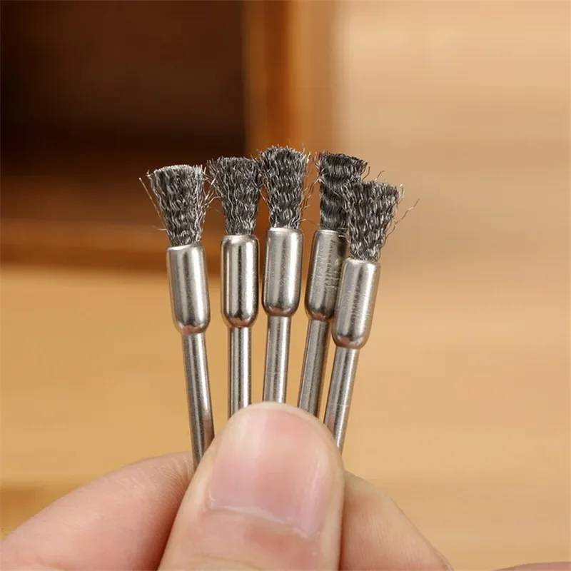 5/10 pièces brosses à crayons en acier inoxydable monté fil roue mandrin ensemble Dremel accessoire outils rotatifs 3.17mm tige mandrin argent