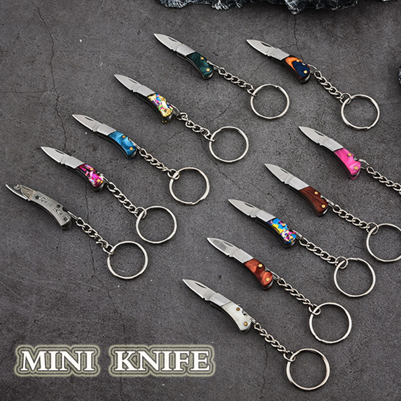 Mini cuchillo plegable de acrílico de 5cm, llaveros de madera de latón, hoja pequeña afilada, colgante portátil para acampar al aire libre, cuchillo de Unboxing