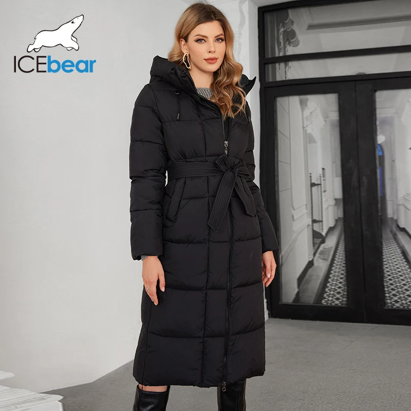 Icefbear 2024แจ็คเก็ตผ้าฝ้ายตัวยาวของผู้หญิง, เสื้อคลุมมีฮู้ดเสื้อคลุม GWD4502I เสื้อกันหนาวสีพื้นหนาขึ้นสำหรับฤดูหนาว