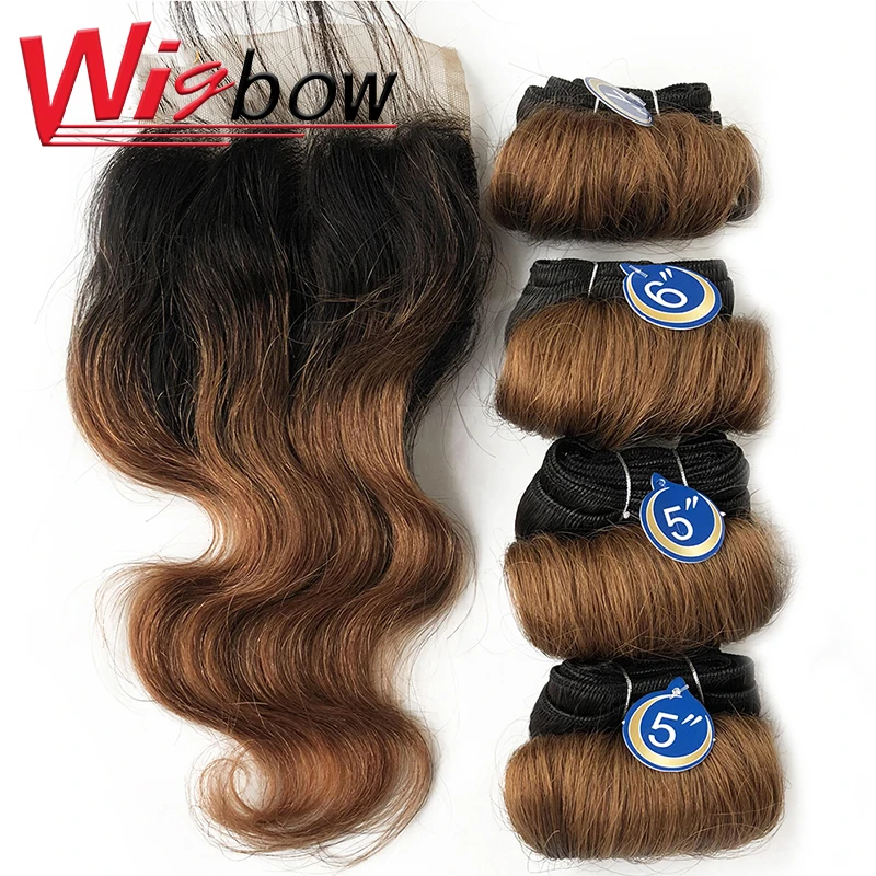 Pacotes curtos do cabelo humano com fechamento, onda brasileira do corpo, pre-arrancado transparente, 4x4, 13x4, T1b27 30