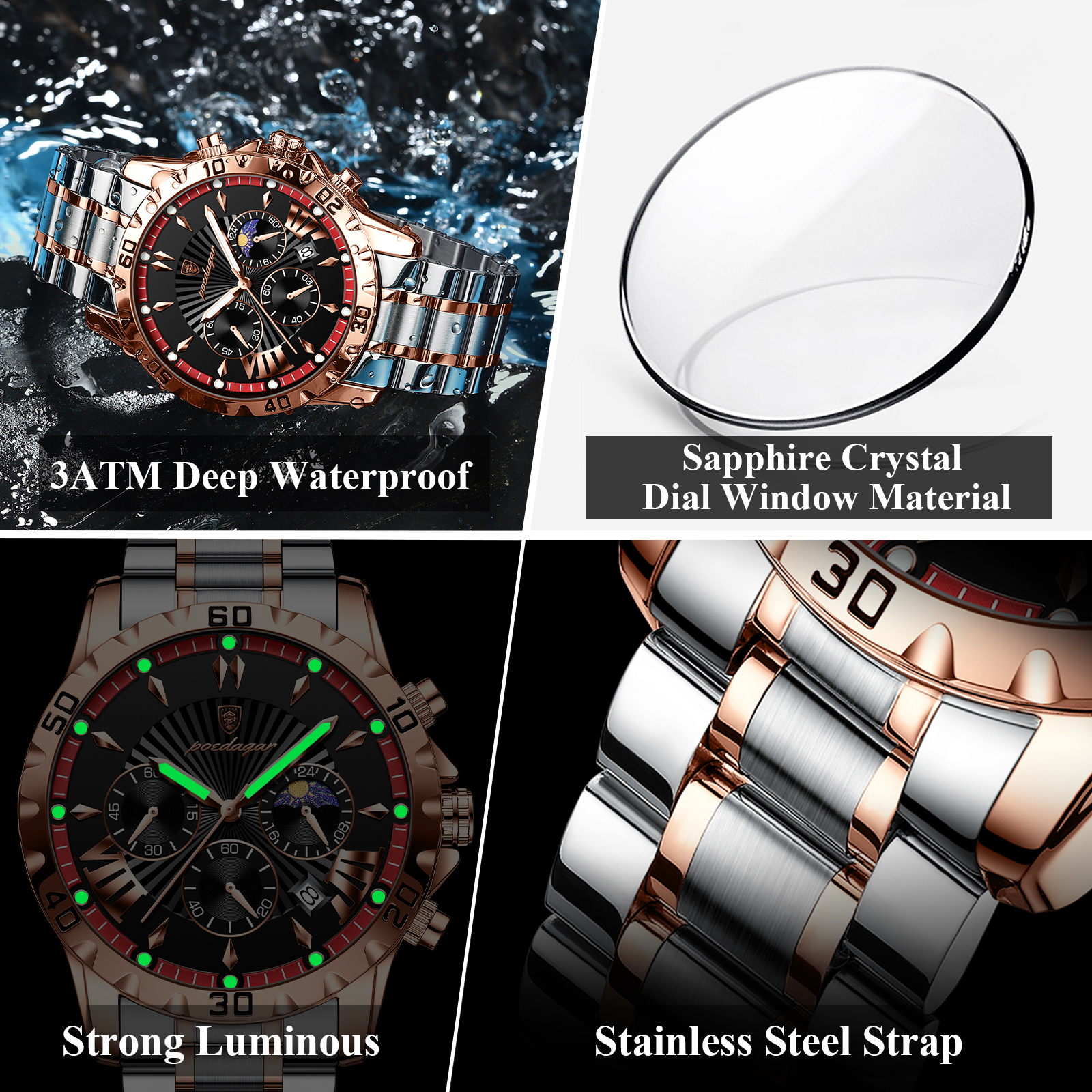 Reloj POEDAGAR de lujo de alta calidad para hombre, cronógrafo luminoso resistente al agua con fecha, reloj de cuarzo de acero inoxidable para hombre