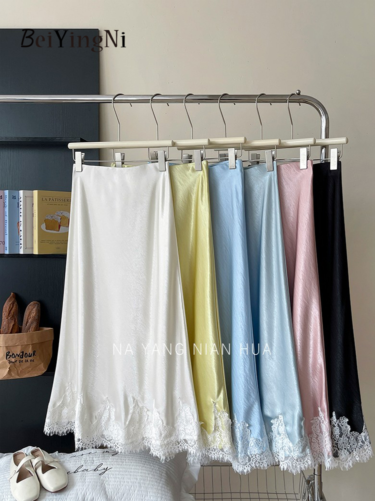 Beiyingni Franse Elegante Satijnen Zeemeermin Rok Vrouwen Lente Zomer Kant Patchwork Pack Hip Lange A-lijn Rokken Kantoor Dames Faldas