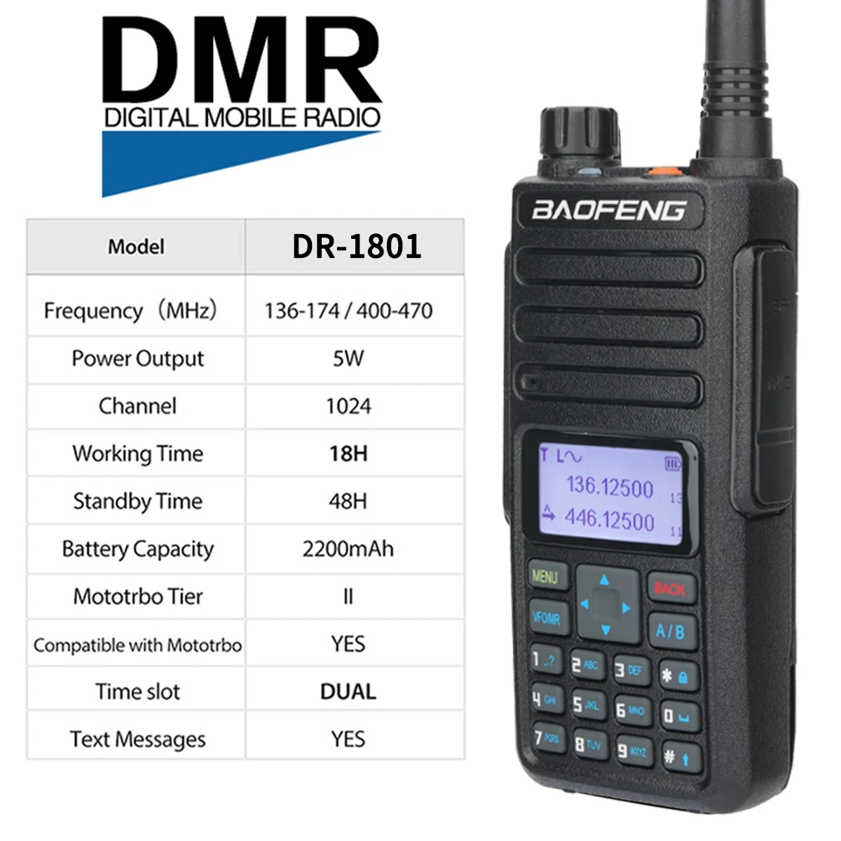 Baofeng DR-1801 Walkie Talkie Nivel 1 2 Ranura de tiempo dual DM-1801 digital Actualizado UV Banda dual 136-174 y 400-470MHz Radio DMR
