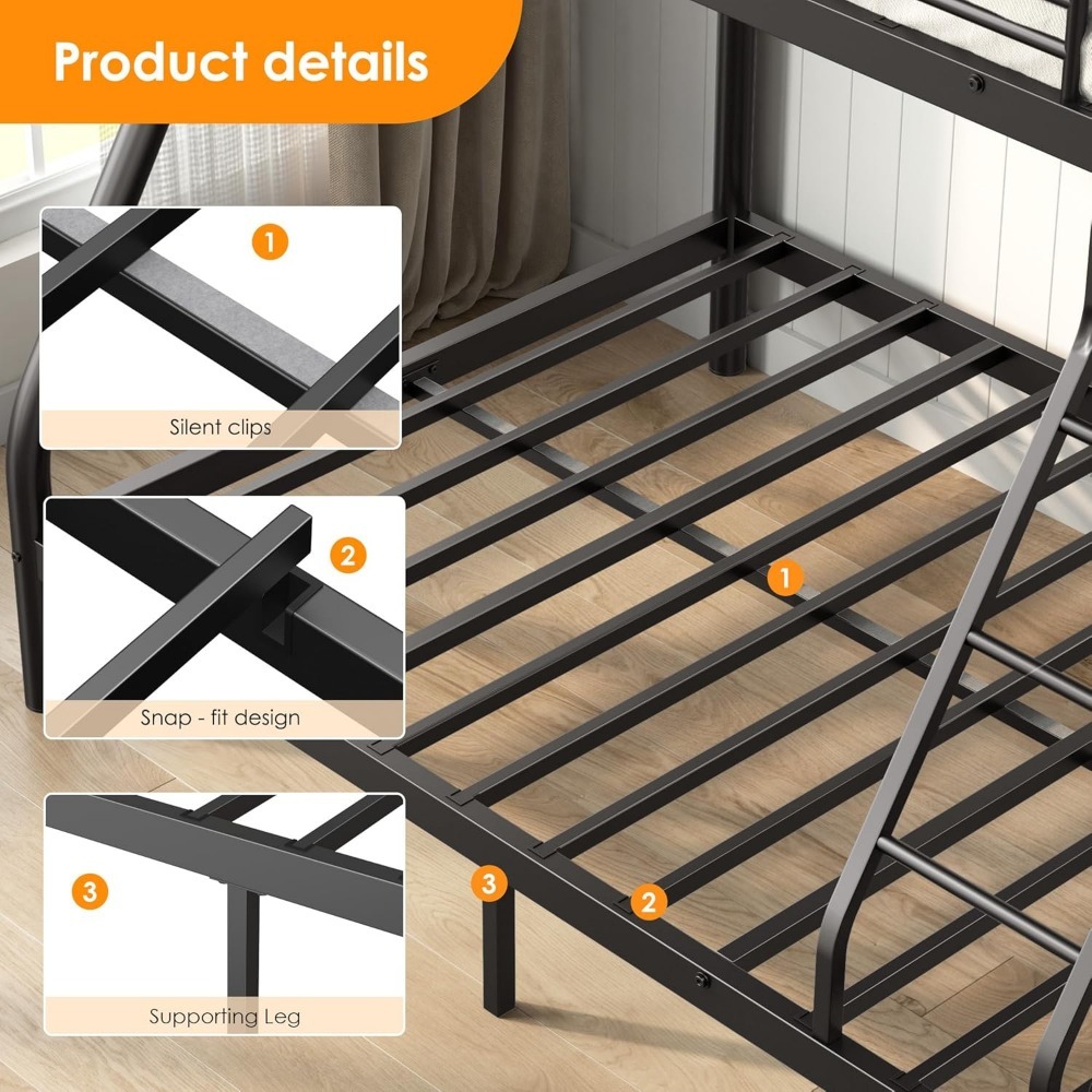 Metal Bunk Bed, Twin Over Full Size Bed Frame with Safety Ladder & Guardrail, Heavy Duty Bunkbeds for Adults Teens, Space-Saving