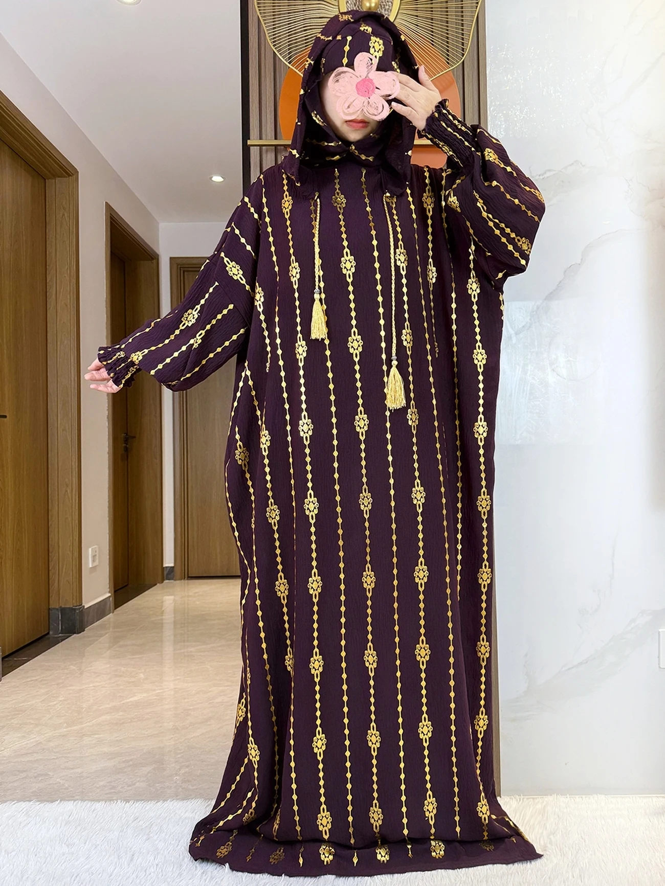 女性のための純綿の2つの帽子のアバヤ,ラマダンの服,イスラム教の祈り,カフタン,ドバイ,トルコ,金のスタンプ,イスラム教徒の服