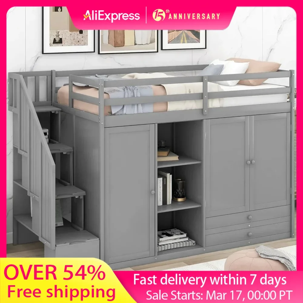 Wood Twin Loft Bed with Stairs, 2 Drawers and 3 Shelves, High Loft Bed Frame with Wardrobe, No Box Spring Needed Children Beds