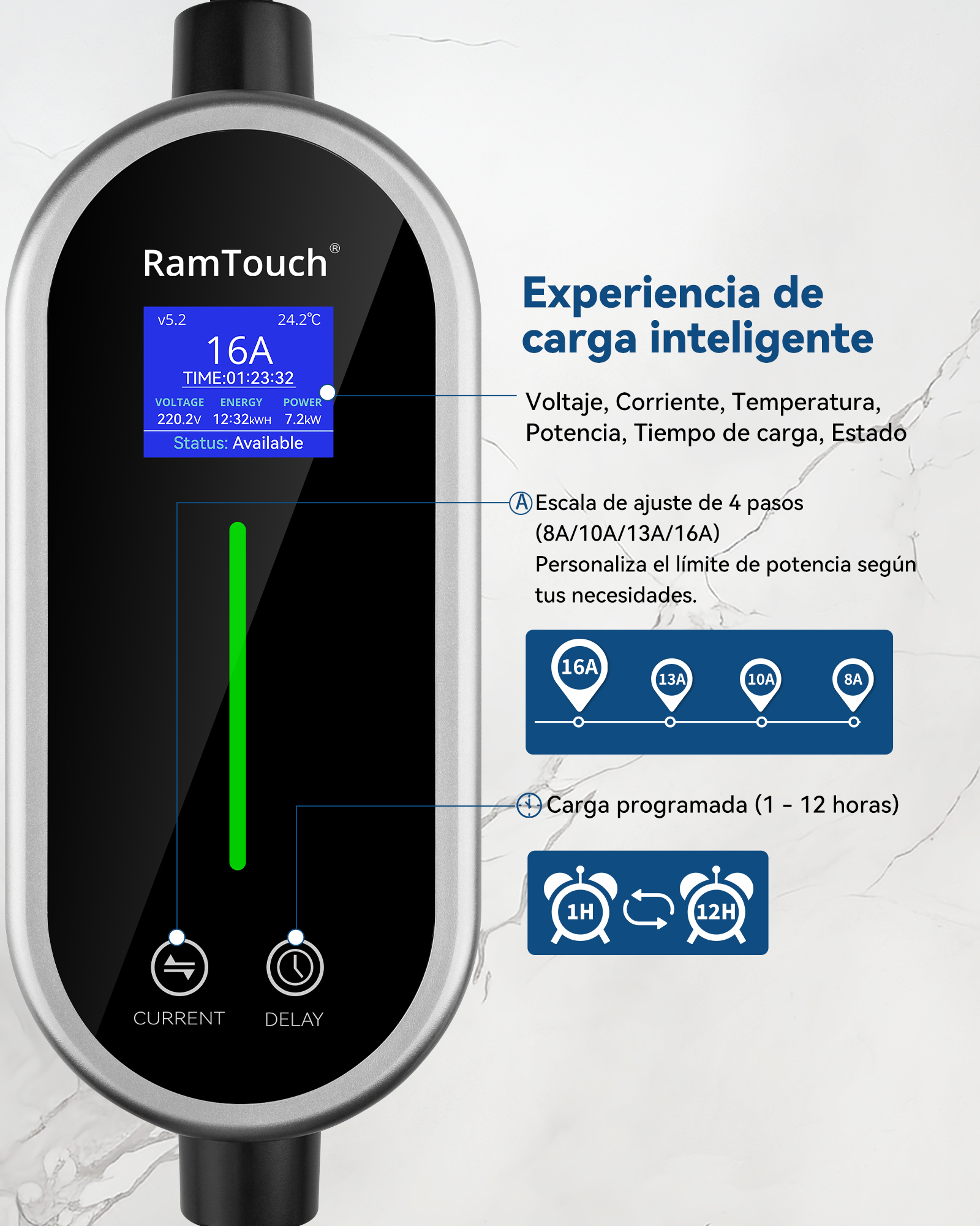 RamTouch Cargador Vehículos Eléctricos (Tipo 2, Enchufe Schuko 16A/CEE 32A), Cargador EV con Función de Carga Ajustable de 8A-16A/8-32A y Programación, Compatible con Vehículos Eléctricos e Híbridos