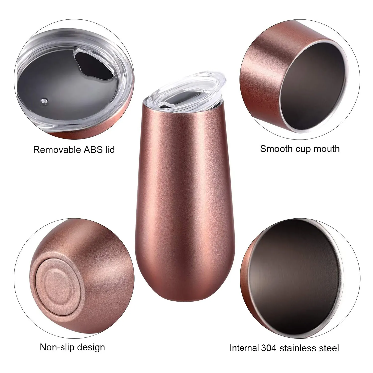 Vaso de vino aislado de acero inoxidable con tapa, taza portátil con forma de huevo, regalo de moda, oro rosa de 6 Oz (paquete de 4)