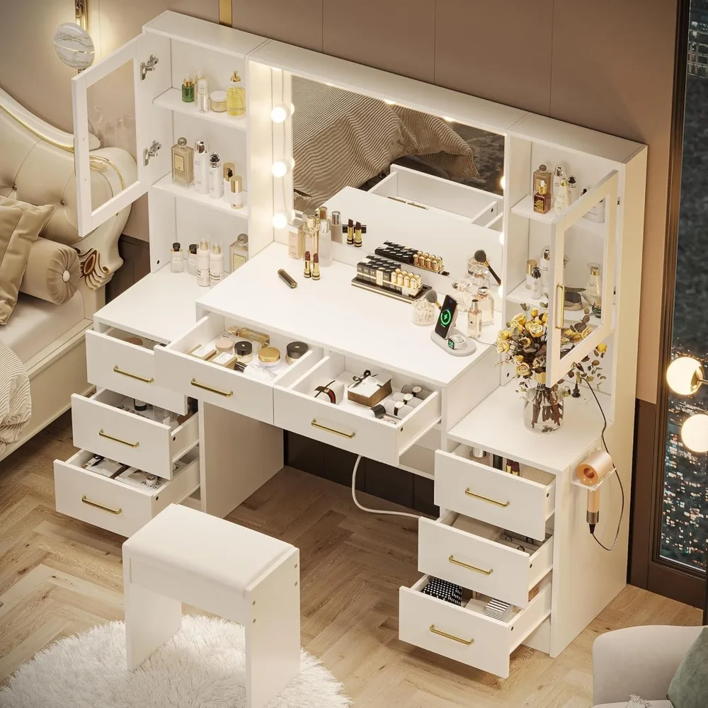 White Vanity with Mirror, Light, and Charging Station, 58.3-inch Vanity with 3 Lighting Modes, 8 Drawers, 2 Cabinets