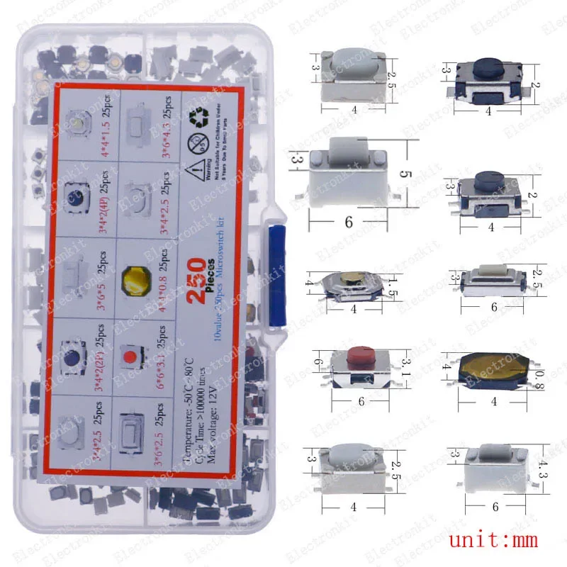 Kit de microinterruptores, Interruptor táctil de reinicio, miniinterruptor de hoja, encendido y apagado, SMD dip 2x4, 3x6, 4x4, 6, 12x12, DIY