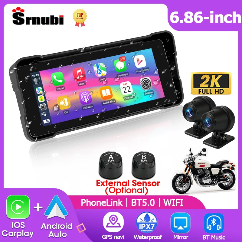 Srnubi 6.86 "2k motocicleta dvr traço cam tela de toque gps navegador da motocicleta sem fio carplay android capacete automático bluetooth