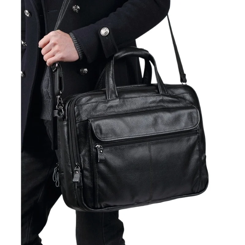 Black Genuine Leather Briefcase Men High End Quality Cowhide Designer Luxury Handbag Large Capacity 15.6" Laptop Shoulder Bag