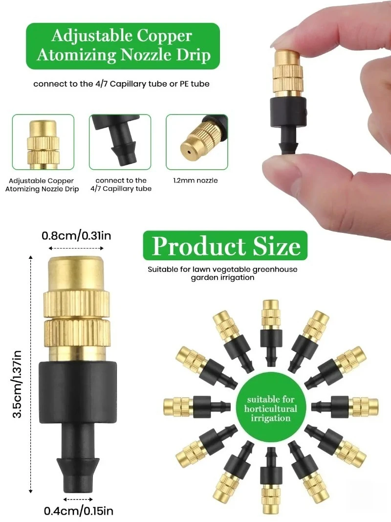 10 pz 4/7PVC Sistema di raffreddamento a nebulizzazione esterna Irrigazione del giardino Irrigazione 1/4 '' Atomizzatore in ottone Micro irrigatori da giardino regolabili
