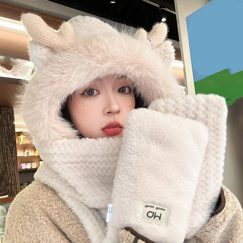 Fashion Elk Antlers Plush Hat Scarf Gloves Women's Winter Ear Protector Thickened Lei Feng Hat Cycling Ski Cap Wind Proof