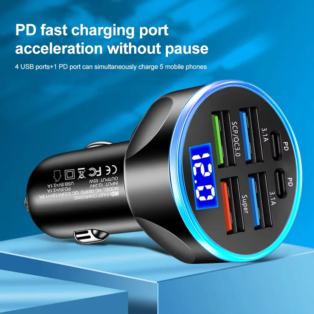 Cargador de coche PD de 250W QC3.0 carga rápida uno a seis enchufe de encendedor de cigarrillos de coche cargador de coche de 5 puertos carga Flash con pantalla Digital