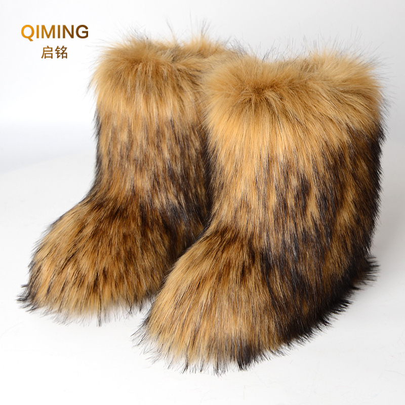 Botas de piel sintética para mujer, botas de nieve cálidas y esponjosas de felpa a media pantorrilla, botas peludas de moda de lujo, zapatos planos cómodos para exteriores