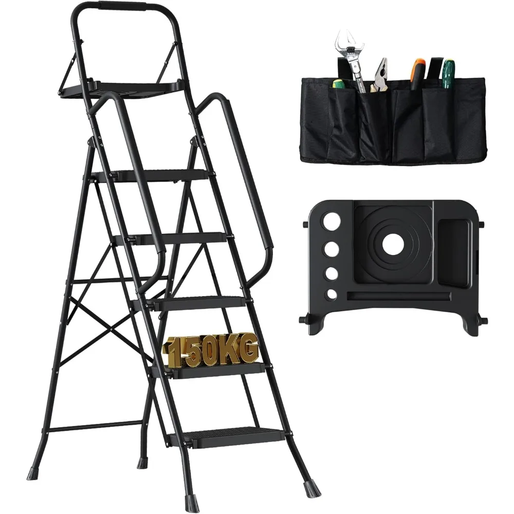 Escalera plegable de 5 escalones con bolsa y bandeja, escalones anchos antideslizantes, capacidad de carga de hasta 150 kg, con pasamanos