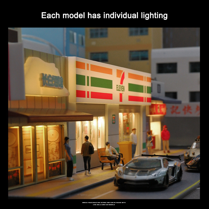 1/64 cena de modelo de loja de conveniência com versão leve modelo de simulação decoração de cena coletar (excluindo bonecas e modelos de carros)
