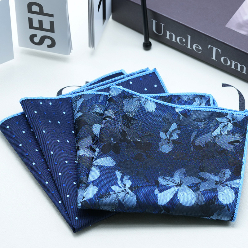 Men's Formal Handerchief Polyester Flower Dots Pocket Square Suit Shirt Accessories Chest Towel Elegant Navy Blue Hanky Cravat