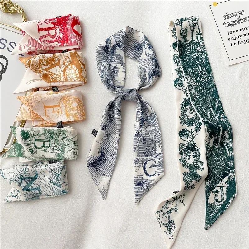 Moda Skinny Scarf Women Luxury Letter Printing Tie Bag Handle Ribbon Hair Band Damska chusta na głowę New Lady Design Silk Scarves