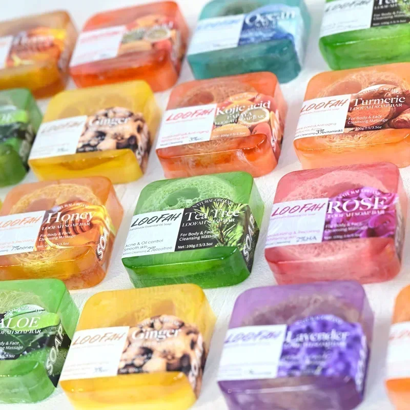 Handgemachte Kojisäure-Seife mit Luffa, 100 g, Zitrone, Lavendel, Rose, Kurkuma, ätherisches Öl, Badebar, neues Design, Peeling-Reinigung