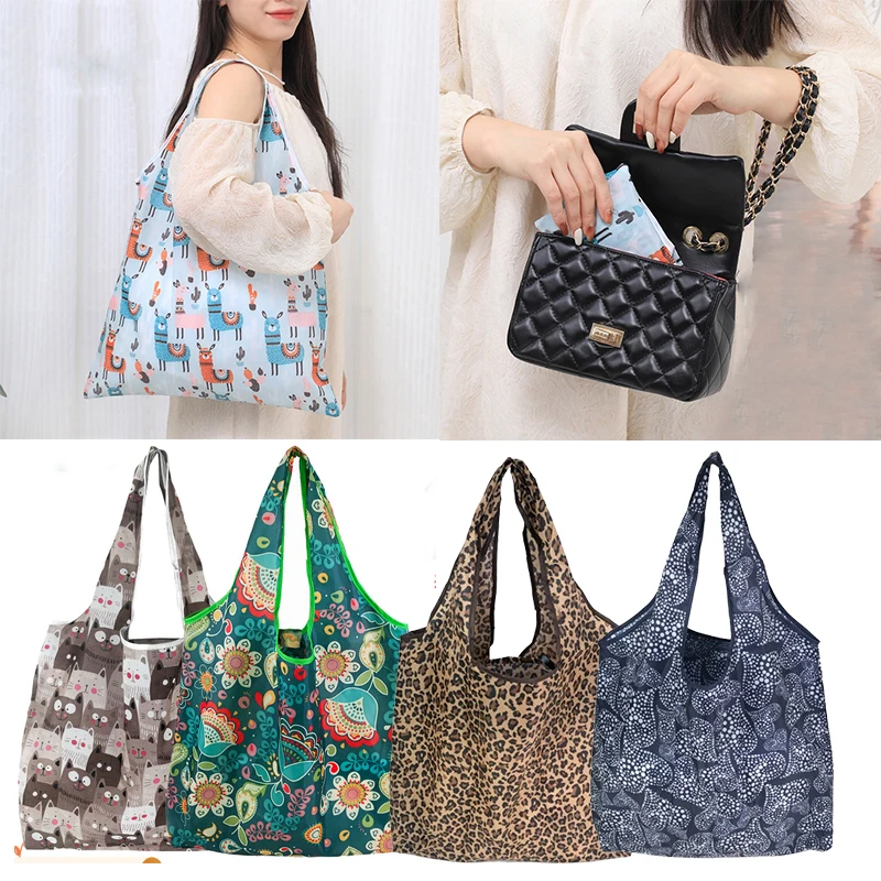 Reusable Shopping Bags Women Foldable Tote Eco Grocery Bag Folding Large Capacity Handbags Beauty Tote Fruit Vegetables Bags