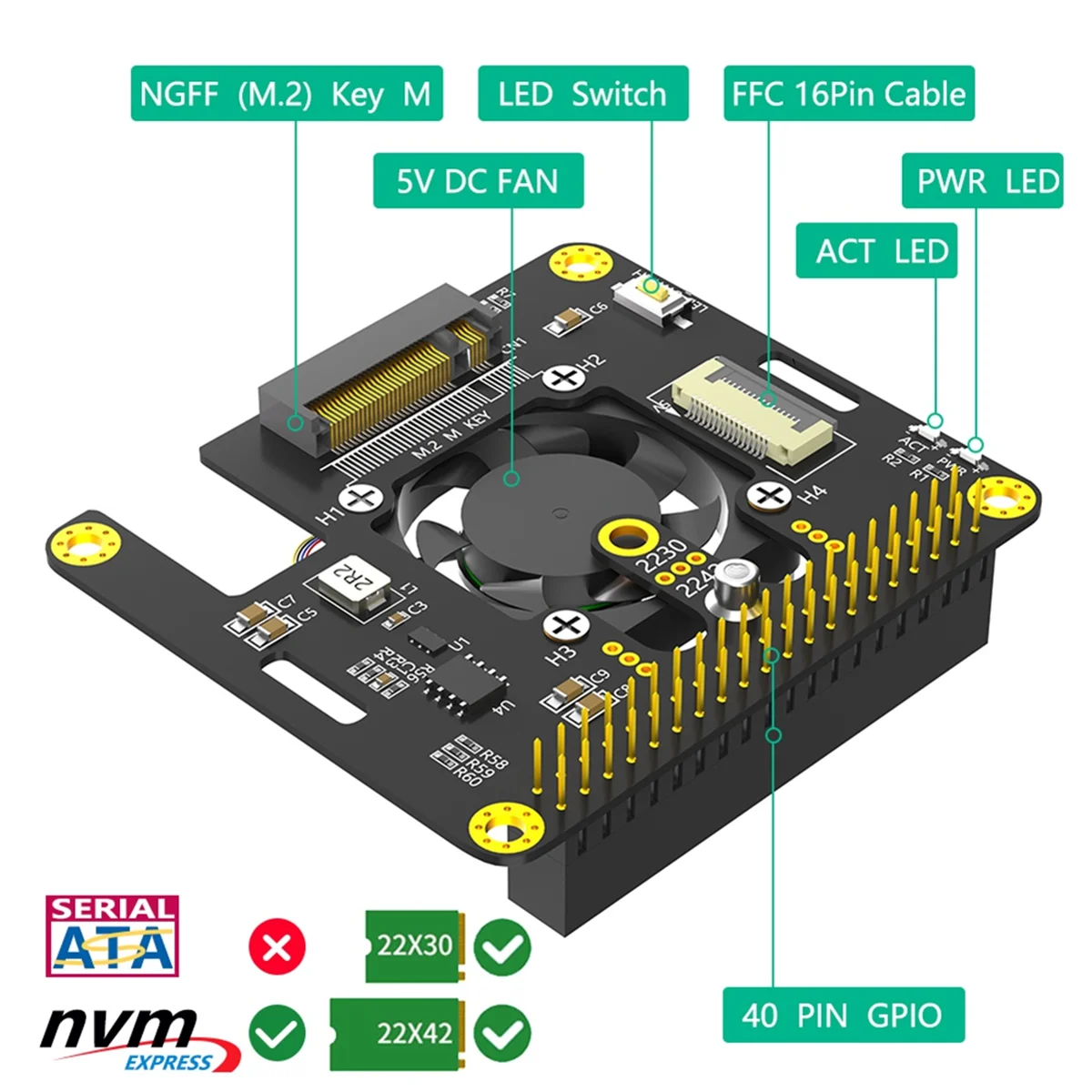 XFDE For Raspberry Pi 5 M.2 NVME to PCIe Adapter Supports M2 2230 2242 M Key NVME SSD with Cooler Automatic Discoloration LED
