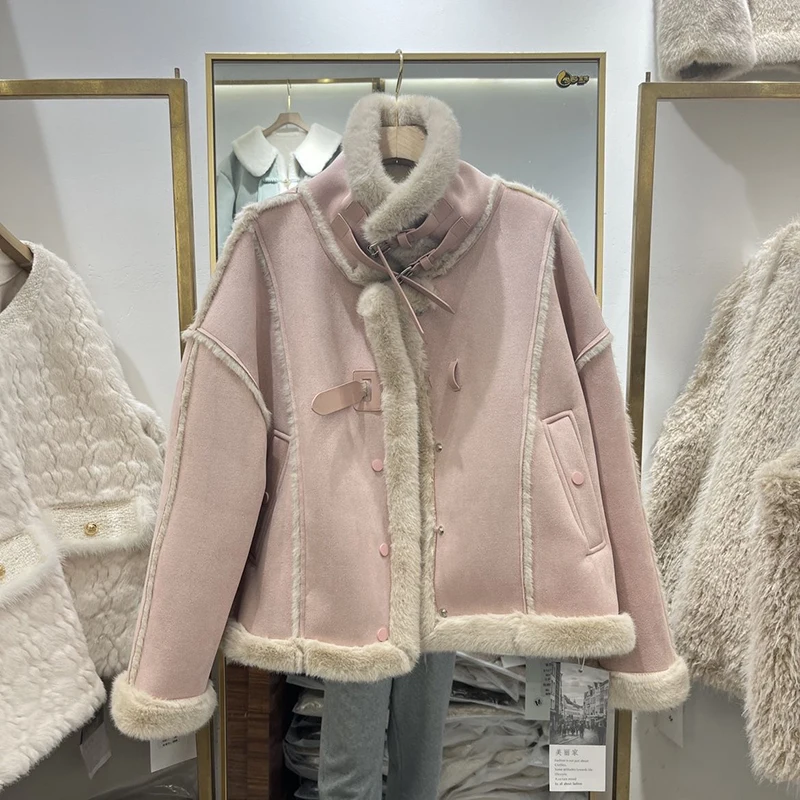 Abrigos de piel de lana de cordero a la moda para mujer, chaqueta gruesa y cálida con cuello levantado, Tops de piel de protección ambiental para invierno
