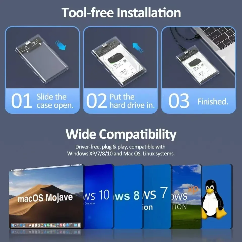 Transparent HDD Case HDD Enclosure 2.5 inch SATA To USB 3.0 Type-C 3.1 UASP Clear Hard Drive Case Harddisk Boxs Tool-Free