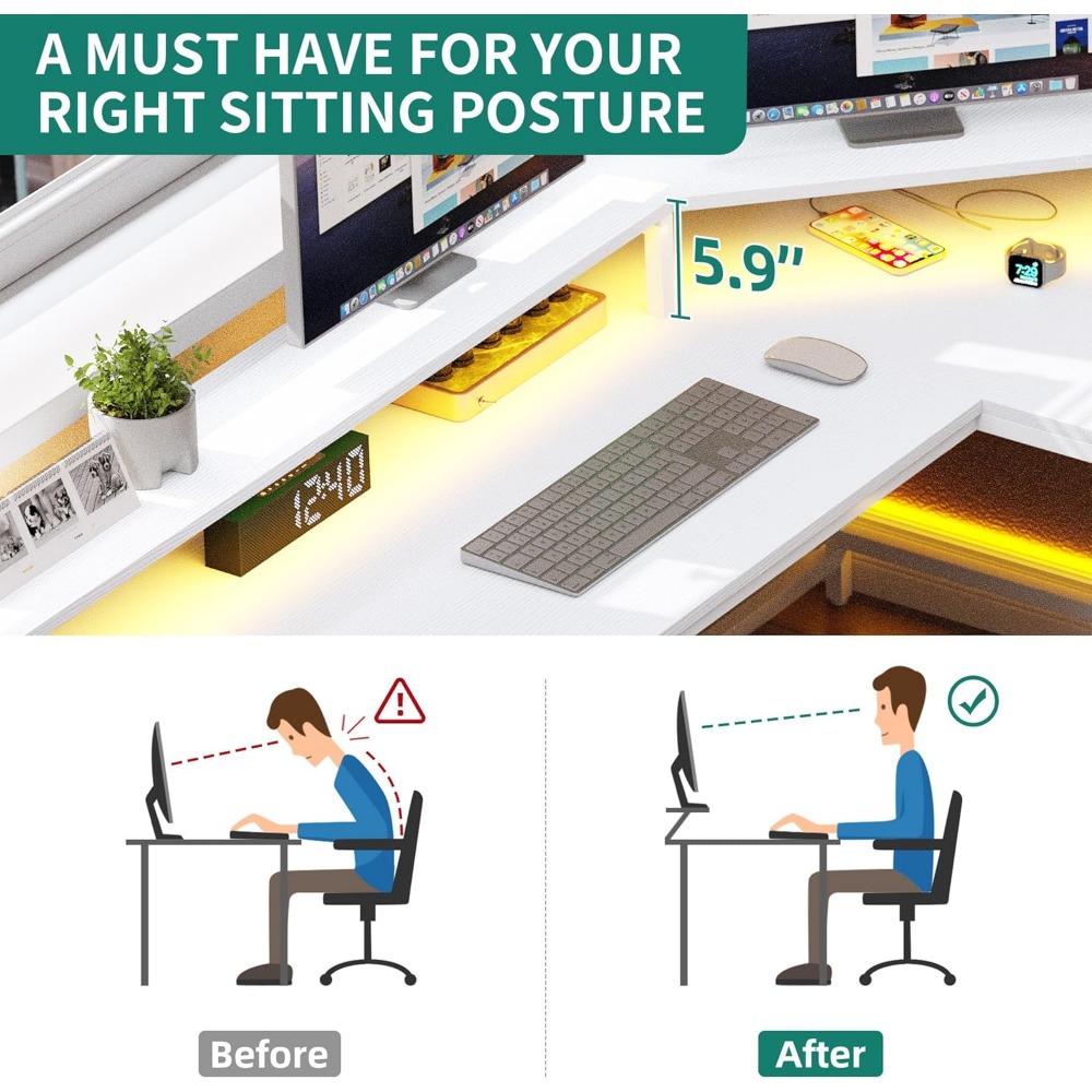 White Office Desk L-Shaped Office Desk With Monitor Stand With Drawer & 3 Cubbies Storage Shelves Computer Gaming Furniture