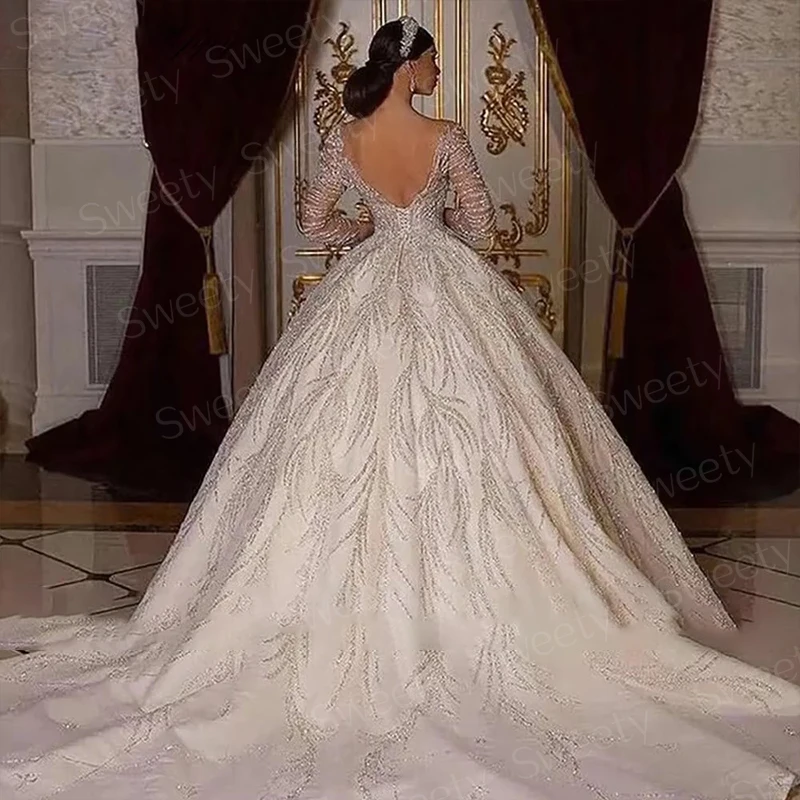 Glitter Hochzeit Kleid Spitze Mit Perlen Ballkleid Prinzessin Volle Hülse O-ansatz Braut Kleid Backless Angepasst Vestido De Novia