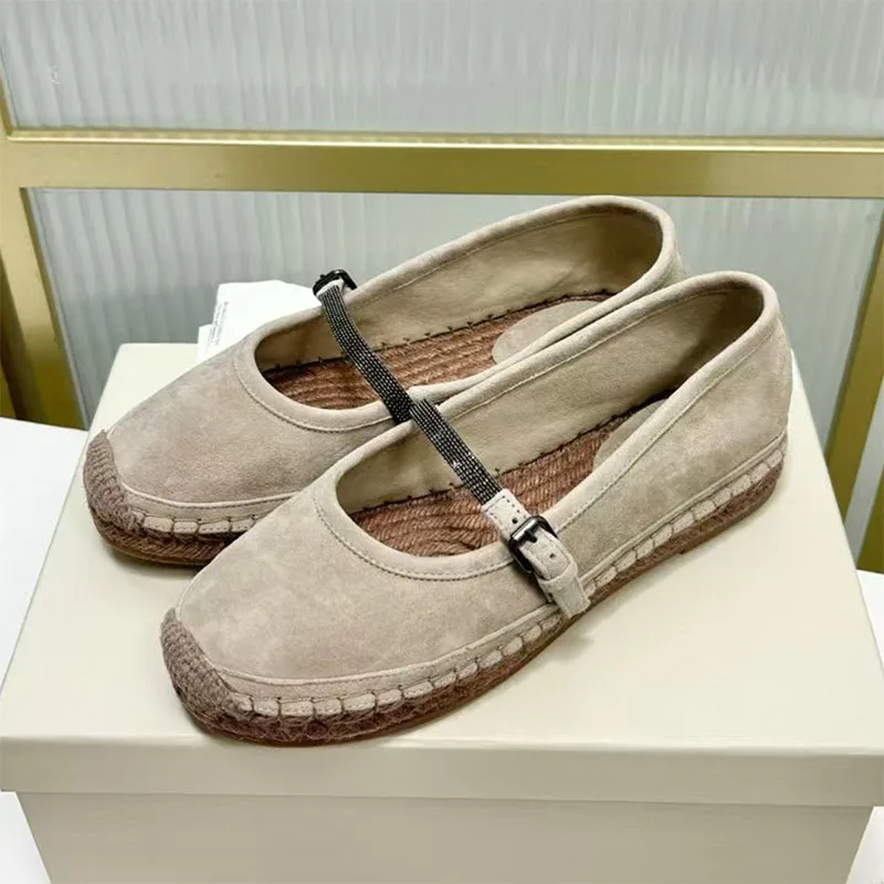 Sepatu Flat Musim Semi Musim Gugur Wanita Sepatu Loafer Kulit Suede Manik-manik Tali Sepatu Kasual Ujung Bulat Sepatu Nelayan Luar Ruangan Nyaman Wanita