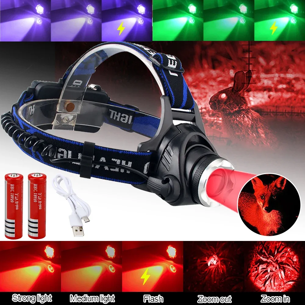 Scheinwerfer Rot Licht Grün Kopf LED Taschenlampe Outdoor XPG Scheinwerfer Taktische Camping Jagd Angeln Zoombare Angeln Scheinwerfer